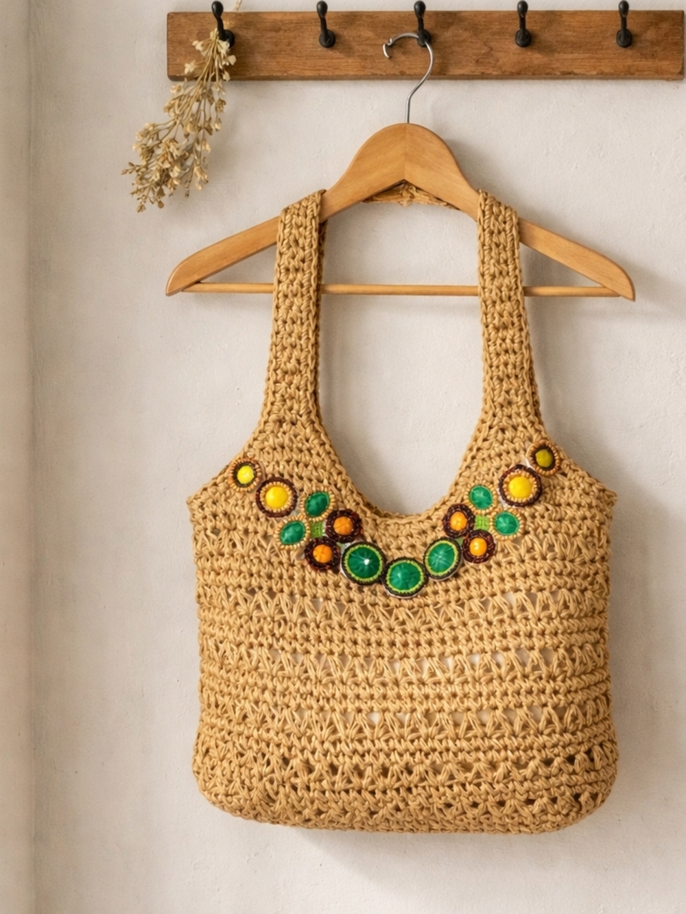 Sun N Sand  Straw  Crochet Shoulder Bag Lined W/ Green & Yellow Accents